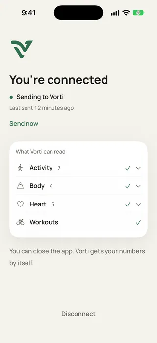 The Vorti app: You’re connected. Sending to Vorti. What Vorti can read: activity, body, heart, workouts.