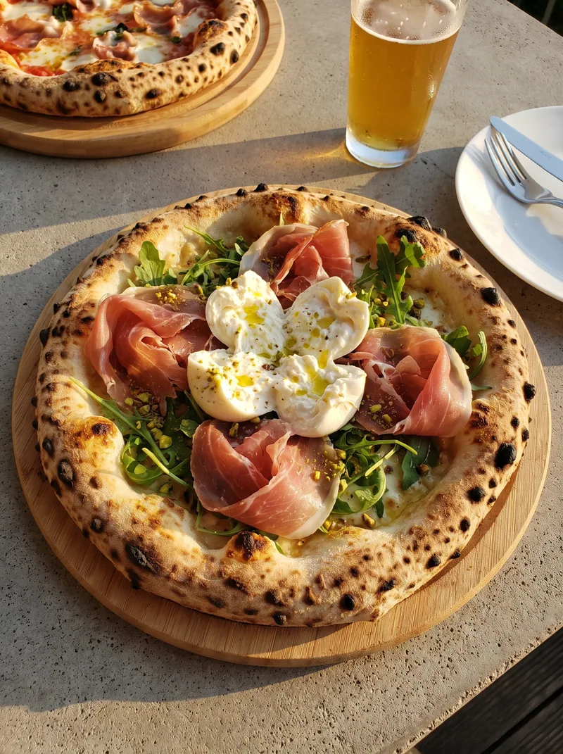 A pizza with burrata on a terrace table