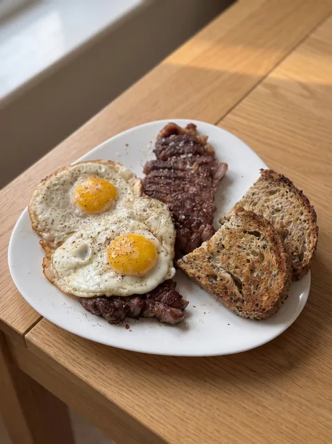 Steak, two fried eggs and toasted sourdough on a white plate