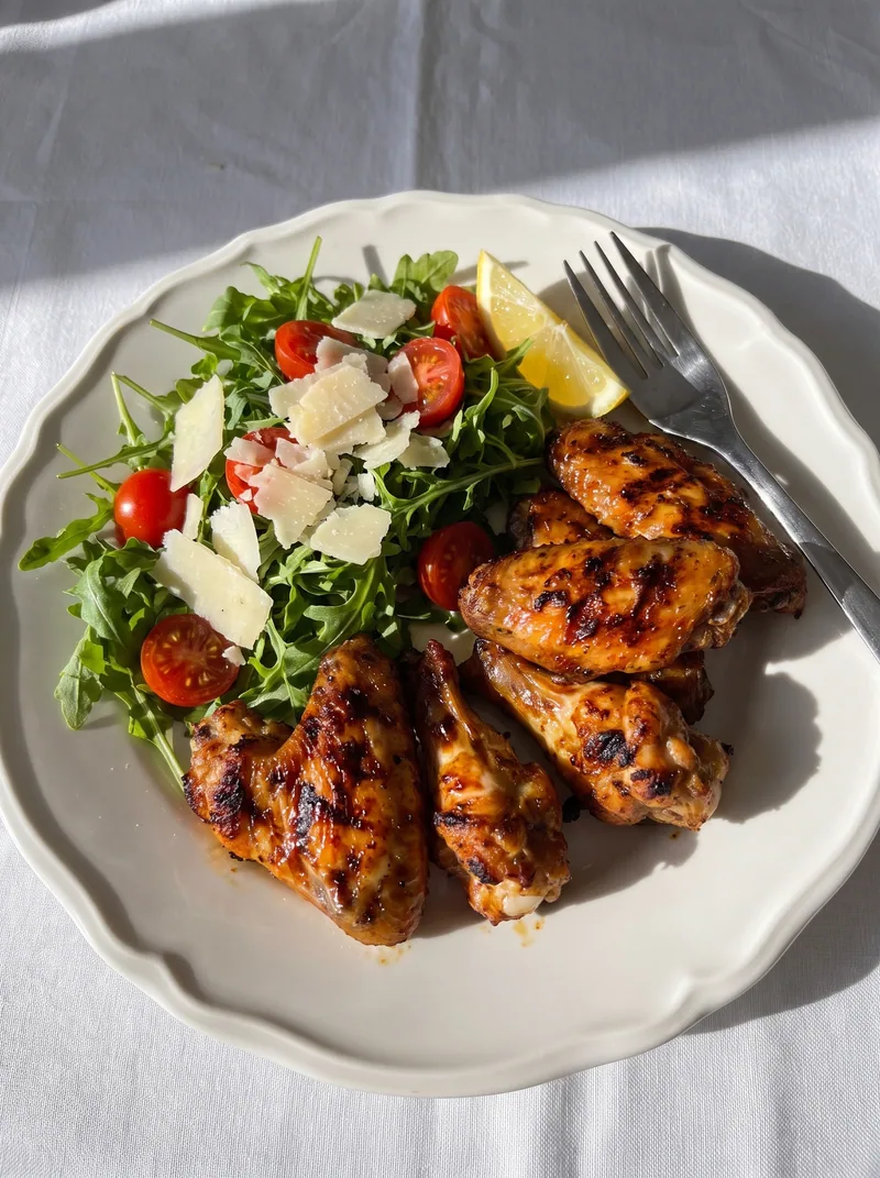Grilled chicken wings with an arugula and tomato salad on a plate